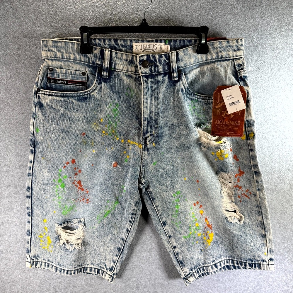Akademiks Jean Shorts Mens‎ Size 36 Blue Denim Distressed Paint Splatter Jeanius